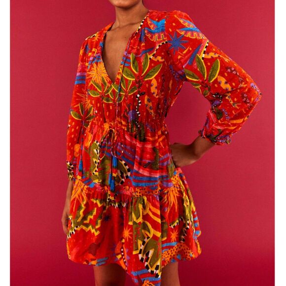 Farm Rio Women Size S Red Magic Forest Tropical Cotton Dress Boho Flowy Whimsy - Picture 1 of 6